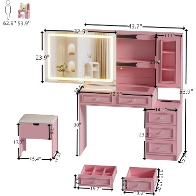 PAKASEPT Vanity Desk with Sliding Mirror and Lights, European Style with Glass Top, 5 Drawers, 2 Hidden Shelves, Charging Station & Stool Set, Pink