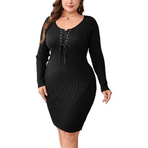 Coolmee Women's Plus Size Sweater Dress Long Sleeve Front Dress Women Ribbed Tummy Control Club Party Midi Dresses - 1 of 4