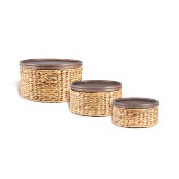 happimess Gouda Southwestern Hand-Woven Hyacinth Circular Nesting Baskets with Wood Lids, Natural (Set of 3)