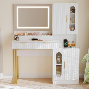 Fluted Vanity Table with Drawers and Cabinets,Modern Makeup Desk with Charging Station - 1 of 4