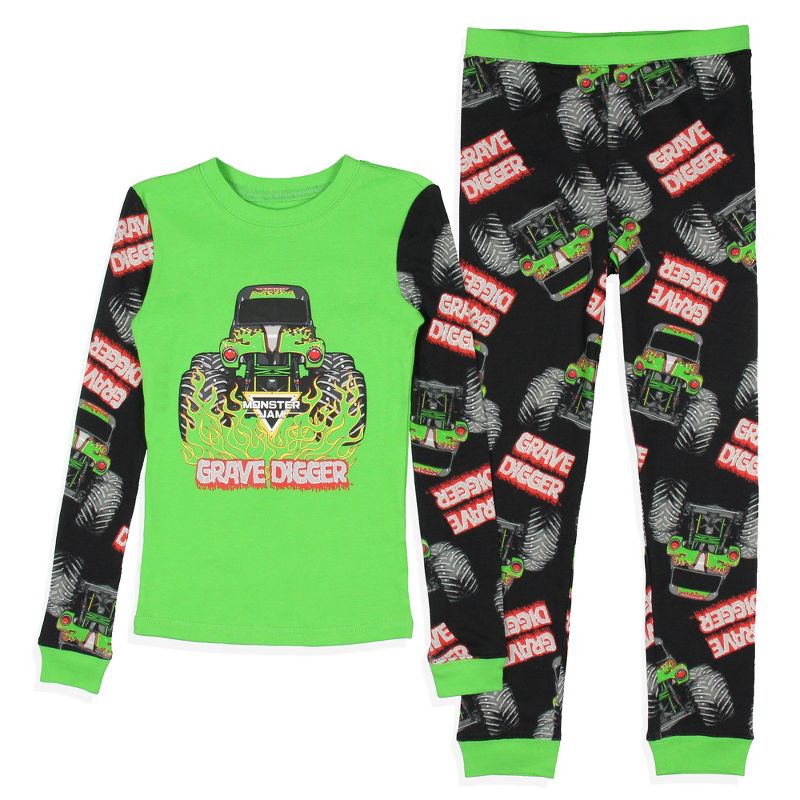 Monster Jam Boys' Truck Long Sleeve Grave Digger Tight Fit Sleep Pajama Set Multicolored, 1 of 6