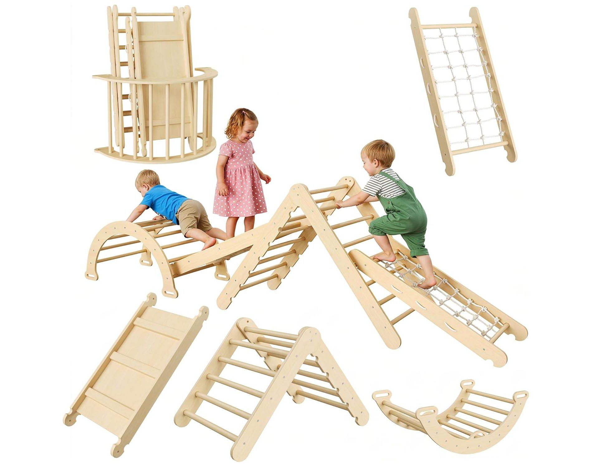 Triangle Set 8-in-1 Foldable Baby Climbing Toys Wooden Climbing Set with Arch&Ramp&Ladder Baby Climber Indoor Jungle Gyms , Christmas Gift for Kids