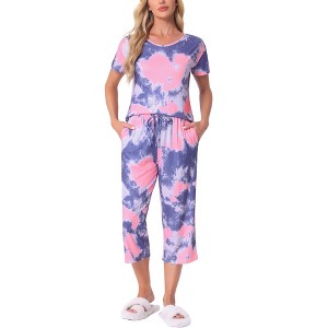 cheibear Women's Pajama Set Tie Dye Short Sleeve Capri Pants Lounge Sets with Pockets - 1 of 4