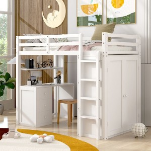 Okak Twin Size Wood Bunk Bed with Built-in Wardrobe, Storage Drawers, Loft Bunk Bed with Desk for Teens, Easy Assemble, White - 1 of 4