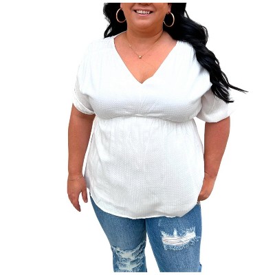 Women's Kylie V-Neck Blouse Textured Baby Doll Top- Plus - Heyson