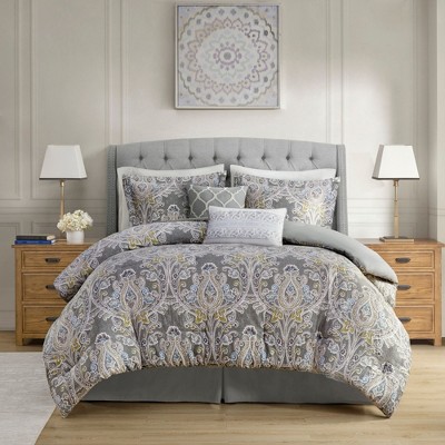 Sapphtopaz 6 Piece Comforter Set Elegant Cotton Sateen Pattern Print with Embroidered Details Reversible Oversized Cotton Quilt Set, Gray