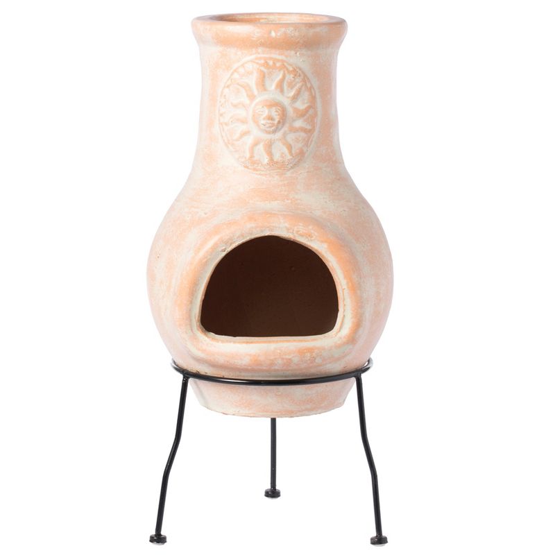 Vintiquewise Outdoor Clay Chiminea Sun Design Charcoal Burning Fire Pit with Metal Stand, 4 of 10