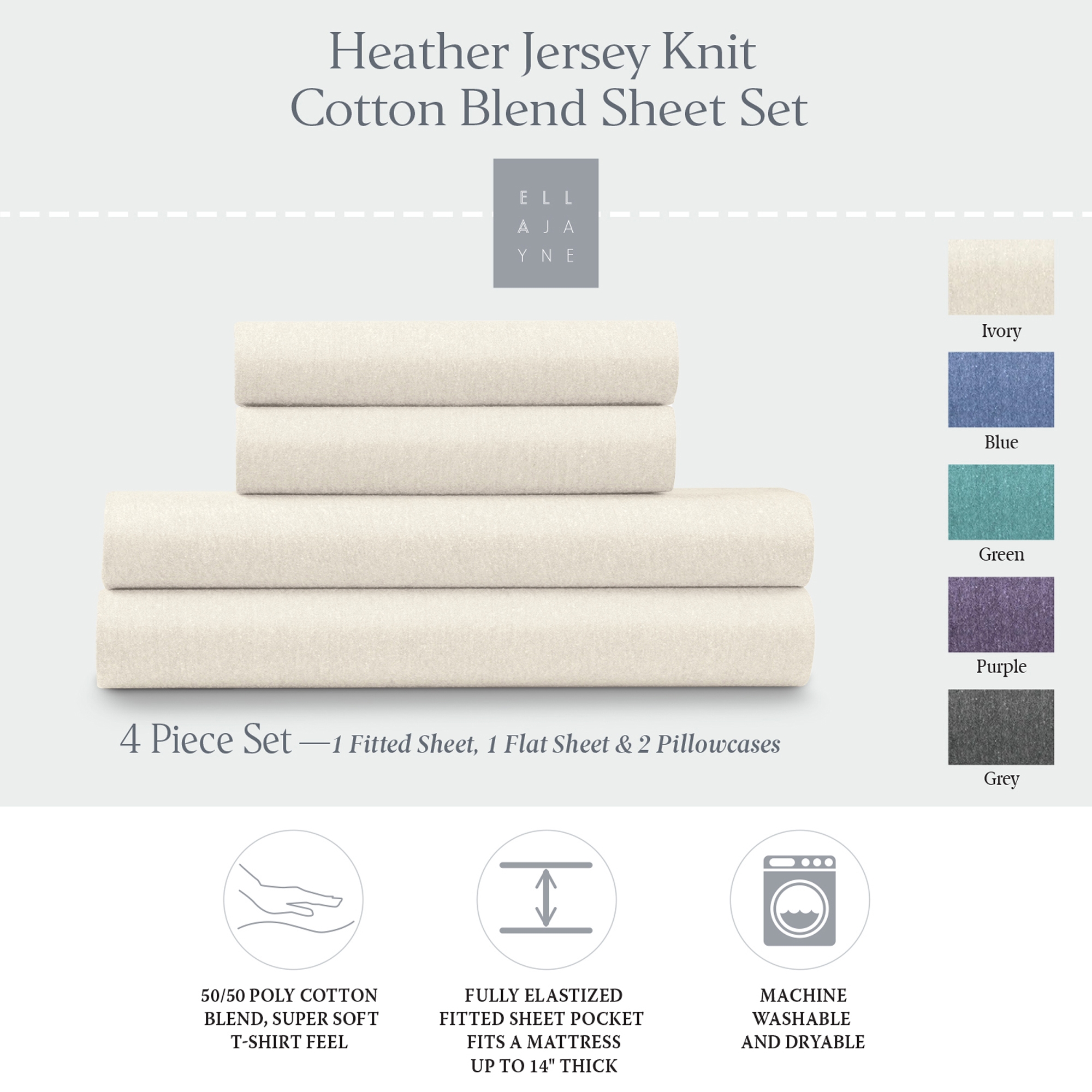 Ella Jayne Soft Heather Jersey Knit Sheet Set, 4pc, King, Ivory