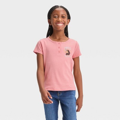 Girls' Afro Unicorn Henley Short Sleeve Graphic T-shirt - Pink L : Target