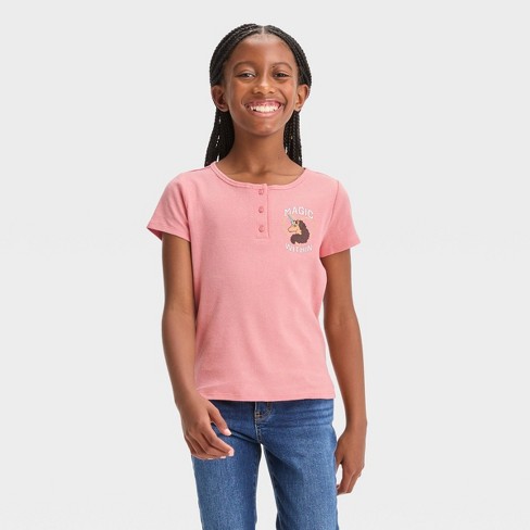 Girls' Afro Unicorn Henley Short Sleeve Graphic T-shirt - Pink Xxl