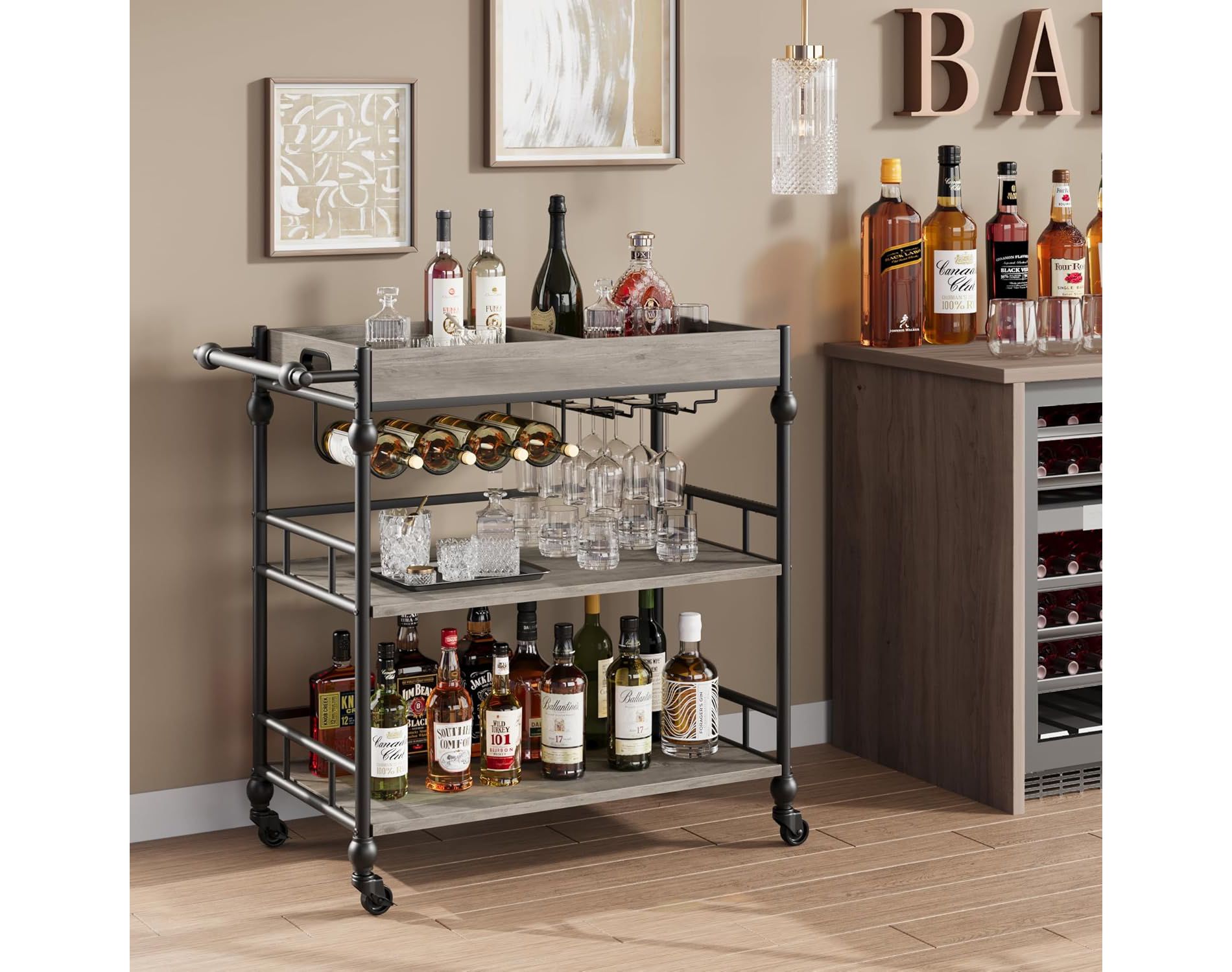 COZONY Industrial Bar Cart with Wheels, Grey Rolling Serving Cart with Removable Tray, Juice Rack & Glass Holders for Kitchen or Living Room