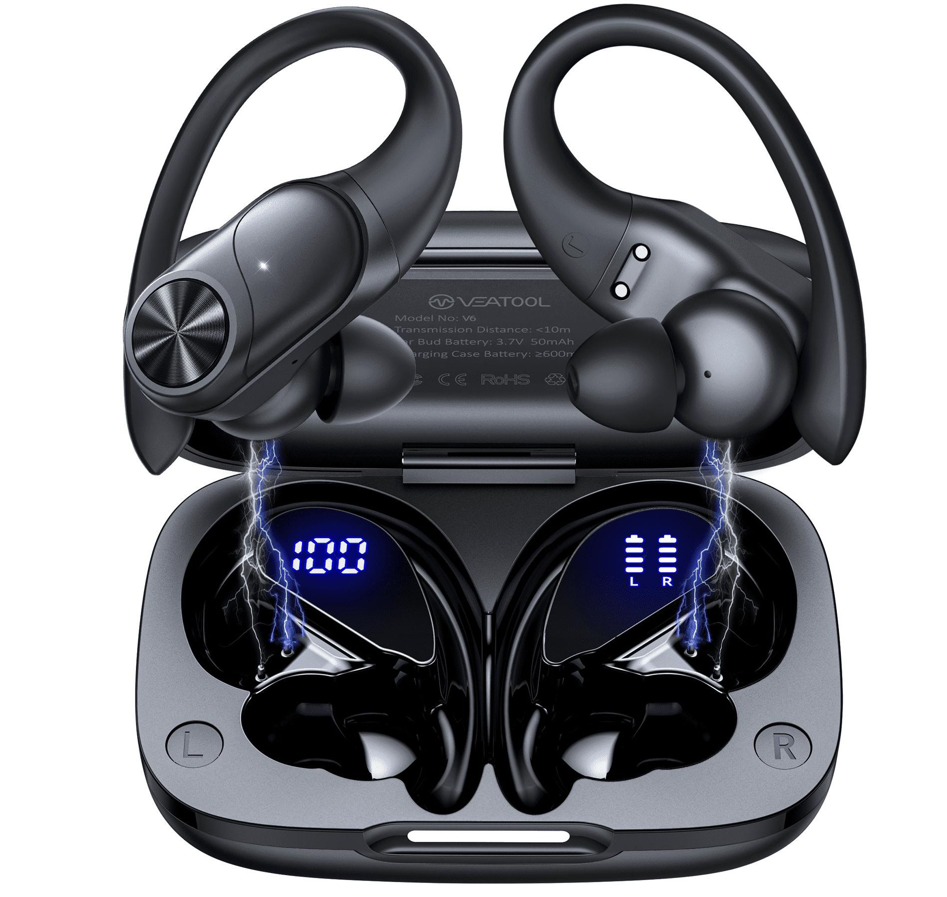 VEATOOL V6 Bluetooth Headphones Wireless Earbuds 88Hrs Playback Sport Ear Buds with Earhook Digital Display Charging Case