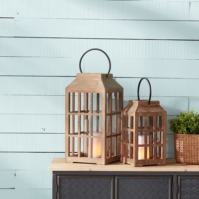 Natural Wood and Glass Tabletop Lantern with Black Handle