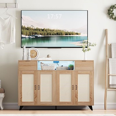 Whizmax Sideboard Buffet Cabinet, 4 Rattan Doors 2 Drawers Accent Storage Cabinet, Console Table Coffee Bar, for Dining Living Room, Hallway