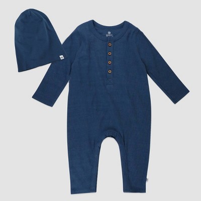 Image of Honest Baby 2pc Organic Cotton Rib Coveralls and Beanie Set - Blue 3-6M