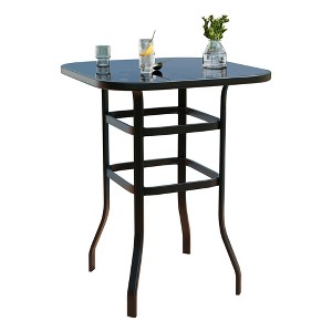 Outdoor Patio High-Top Bar Table, Square Metal Frame & Tempered Glass, Sturdy & Weather-Resistant, Ideal for Backyard, Pool, Garden, Balcony - 1 of 4