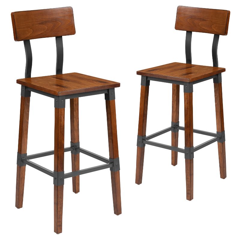 Flash Furniture 2 Pack Rustic Antique Walnut Industrial Wood Dining Barstool, 1 of 15