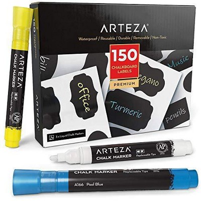 Arteza Chalkboard Labels for Mason Jars, Black, Removeable, 3 Colored Markers, 150