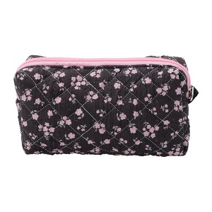 Unique Bargains Pink Flowers Makeup Bag Black 1 Pc - 1 of 4