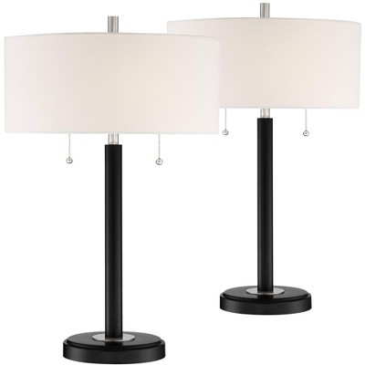 360 Lighting Modern Accent Table Lamps Set of 2 with USB Charging Port Black White Fabric Drum Shade Living Room Bedroom Bedside