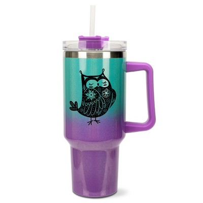 Elanze Designs 40 Ounce Ombre Travel Tumbler With Straw and Lid Stainless Steel Double Wall Insulated Garden of Flowers Owl Teal and Purple Glitter