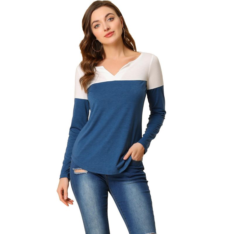 Allegra K Women's Casual Color Block Stretch Long Sleeves Split V-Neck T-Shirt, 1 of 7
