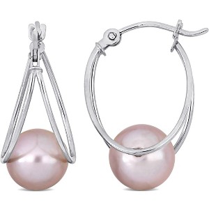 EVERLY JEWELRY | 10k Gold 8 - 8.5 MM Cultured Freshwater Pearl Drop Hoop Earrings - Multiple metal color & pearl color options. - 1 of 4