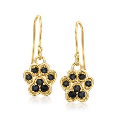 Ross-Simons 0.70 ct. t.w. Black Spinel Paw Print Drop Earrings in 18kt Gold Over Sterling