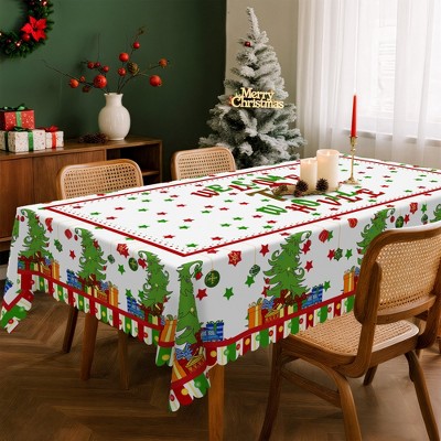 LOVEVOOK Christmas Tablecloth, Waterproof Table Cloth, Snowman Trees Red Washable Table Cover for Party Picnic Dinner Holiday Decor