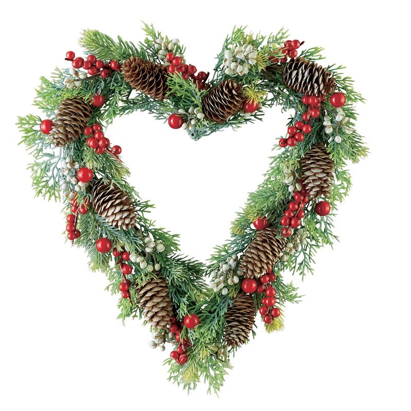 Collections Etc Winter Pine Heart-Shaped Hanging Door Wreath 13.75" x 2.5" x 14", 1 of 3