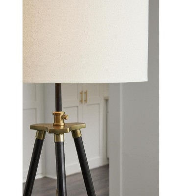 Adjustable Black and Gold Tripod Floor Lamp with Fabric Shade