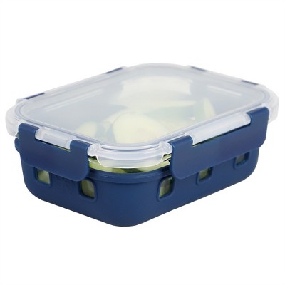 Michael Graves Design Rectangle Medium 21 Ounce High Borosilicate Glass Food Storage Container with Plastic Lid, Indigo