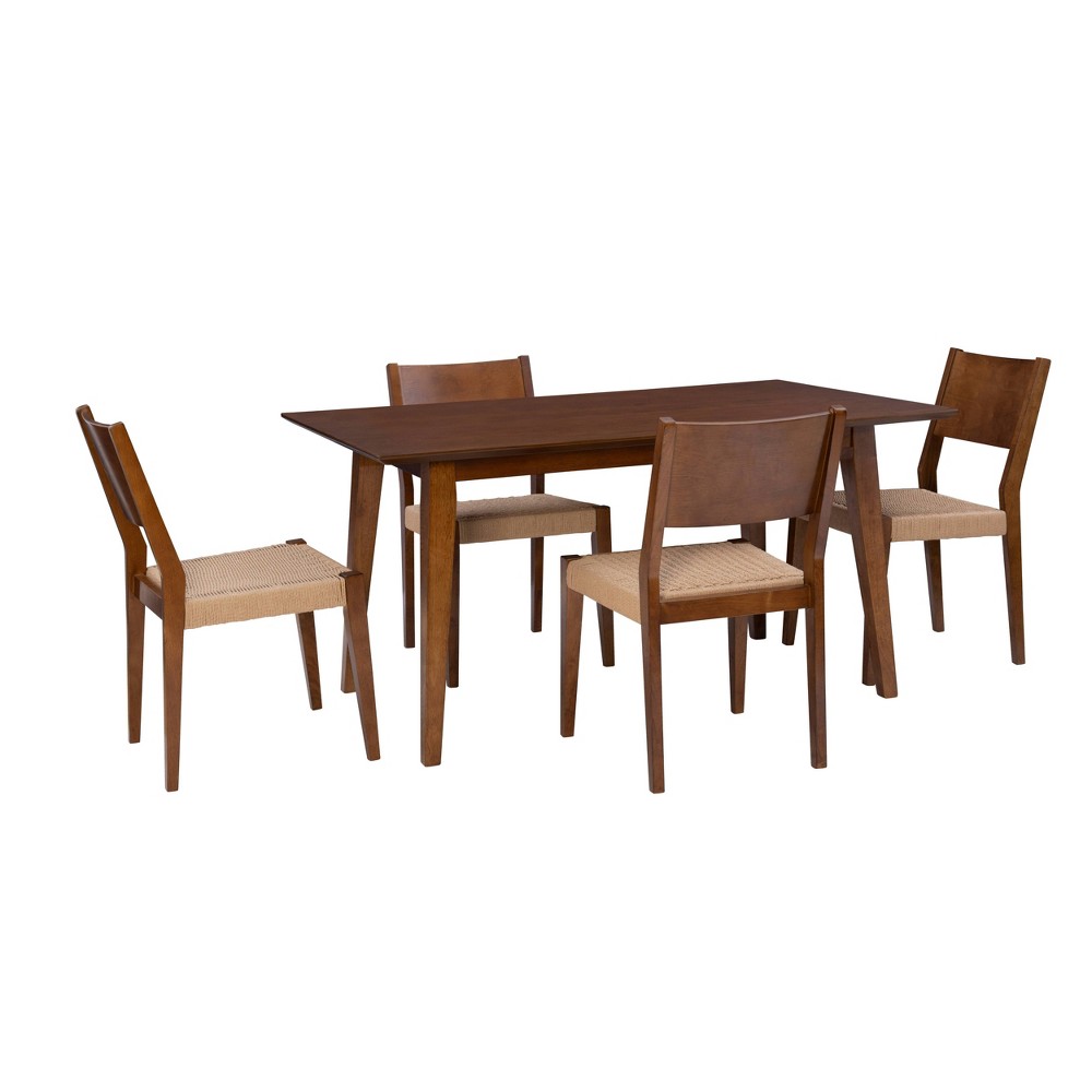 Photos - Dining Table 5pc Clara Dining Set with Rope Seat Chairs and Bench Brown - Powell