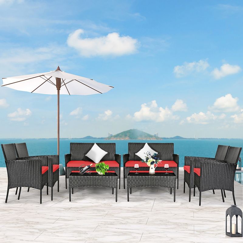 Costway 8PCS Patio Rattan Furniture Set Cushioned Sofa Coffee Table Backyard Turquoise/Red/Grey/White/Navy, 1 of 11