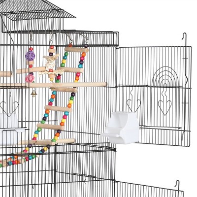 Black Wrought Iron Roof Top Birdcage with Rolling Stand