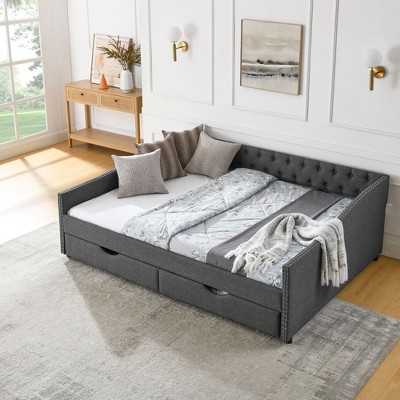 NicBex Queen Size Upholstered Tufted Daybed with 2 Drawers and Button Back for Bedroom,Living Room,Apartment,Dark Gray
