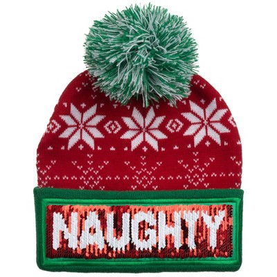 Naughty Nice Snowflake Reversible Red Knit Cap With Christmas Pom : Target