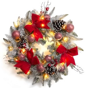 24 Inch Pre-Lit Christmas Wreath with 30 Warm White LED Lights, Red Balls & Bow - Flocked Outdoor Door Decor for Windows Holiday Season - 1 of 4