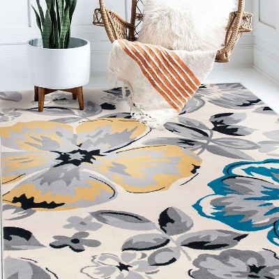 Cream Floral Synthetic 5' x 7' Reversible Area Rug