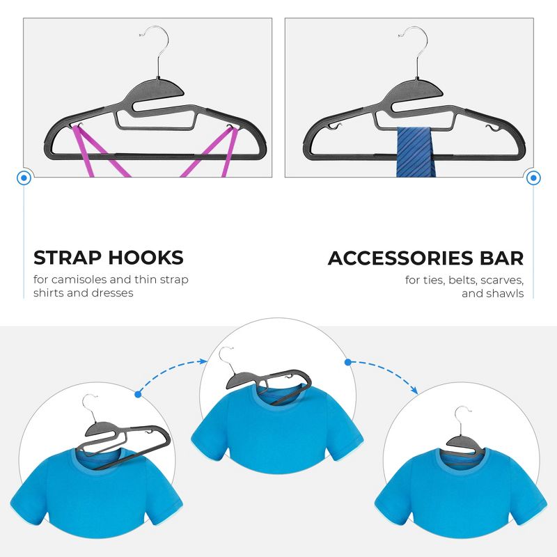OSTO 20-Pack U-Slide Plastic Shirt Hangers; Easy Slip-In, Anti-Stretch, Tie Bar, Pant Bar, Strap-Hooks, and 360-Degree Swivel Hook, 3 of 5