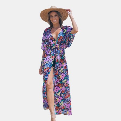 Women's Vibrant Floral Maxi Beach Dress with Deep V-Neckline - Cupshe