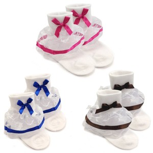 Wrapables Lil Miss Bella Lace & Ribbon Ruffle Socks for Toddler Girl, Set of 3, (Size 4-6) - Navy Blue, Hot Pink, Brown - 1 of 4