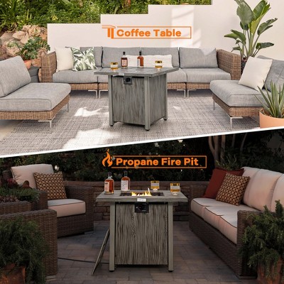 Gray 28'' Square Gas Fire Pit Table with Lid and Lava Rocks