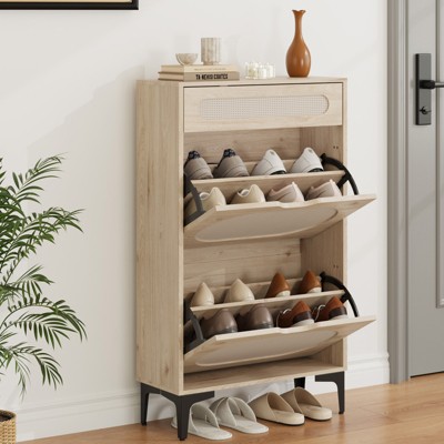 Shoe Cabinet, Rattan Shoe Storagewith 2 Flip Drawer and 1 Pull-Out rawer, Heavy Duty Metal Leg, Adjustment Shelf, For Front Door Entrance, Black