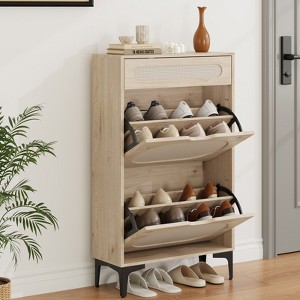 Shoe Cabinet, Rattan Shoe Storagewith 2 Flip Drawer and 1 Pull-Out rawer, Heavy Duty Metal Leg, Adjustment Shelf, For Front Door Entrance, Black - 1 of 4