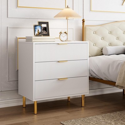 Homhougo Modern 3 Drawer Dresser for Bedroom, Wood Chest with Gold Handle and Large Drawers for Living Room, Hallway, Entryway