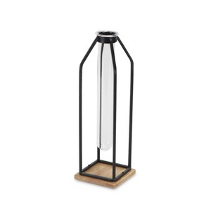 HomeRoots 12" Black Clear And Natural Metal Glass And Wood Posy Test Tube Table Vase - 1 of 4