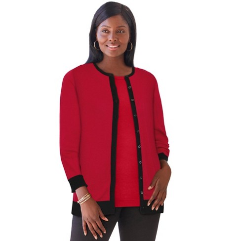 Jessica London Women's Plus Size Fine Gauge Cardigan - 12, Classic Red  Black : Target