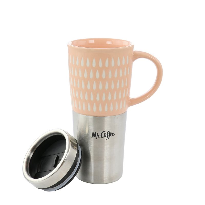 Mr. Coffee Travertine 16 Ounce Stoneware and Stainless Steel Travel Mug With Lid in Light Pink, 2 of 7