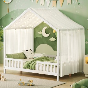 KWPZQEB Canopy Bed for Kids, Montessori Floor Bed Frame with High Guardrails and Roof, Wood Toddler Bed Frame for Girls & Boys - 1 of 4